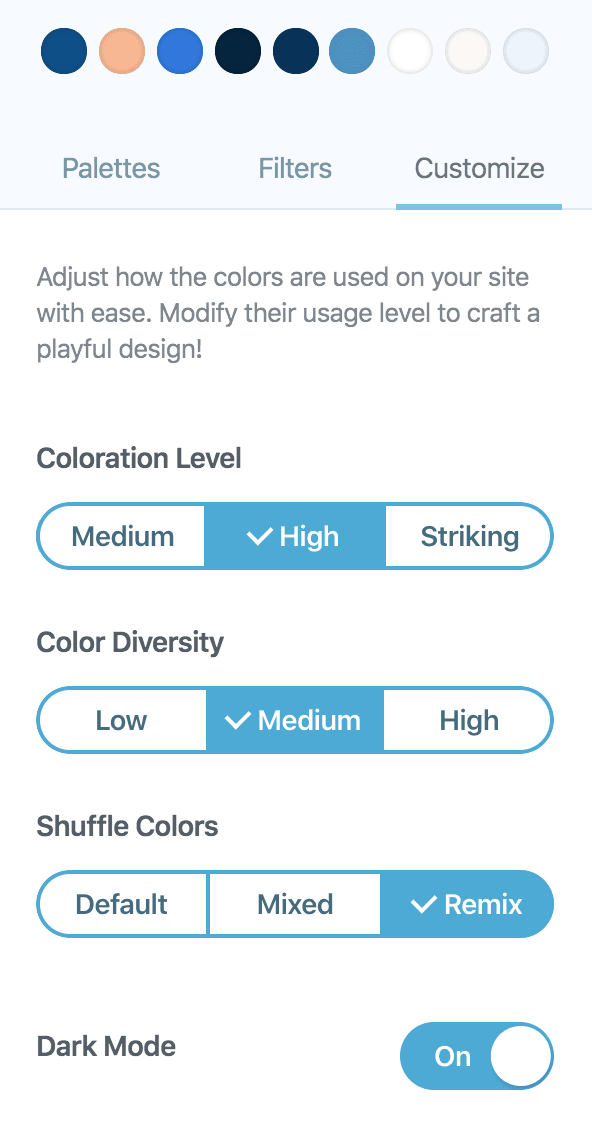 The Color Palettes Customization controls interface